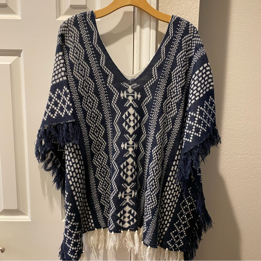 By Together You & I Fringe Hem Knitted Poncho Sweater